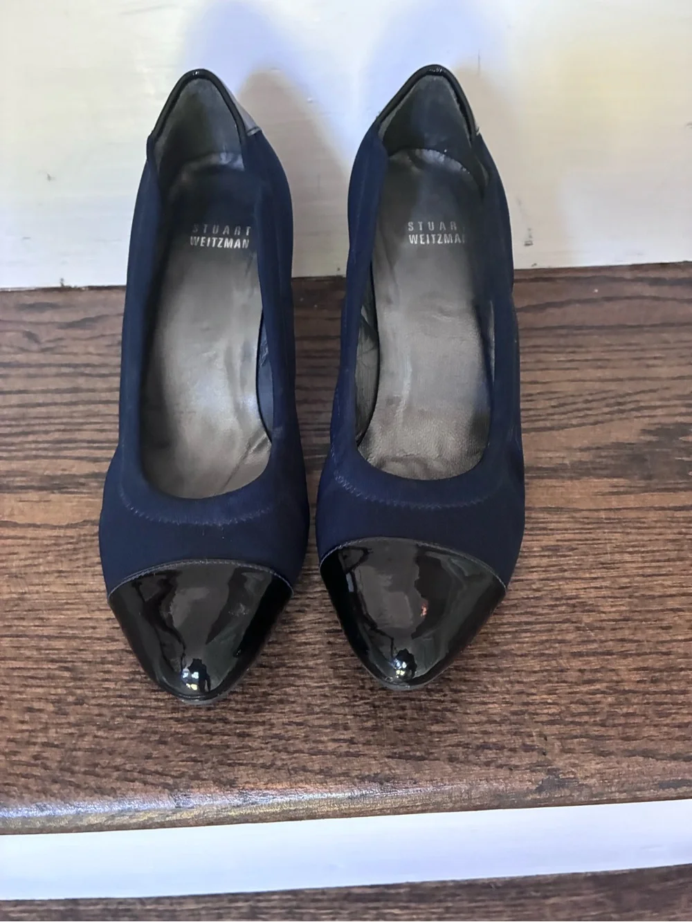 Stuart Weitzman Navy Pumps with Black Patent Cap Toe